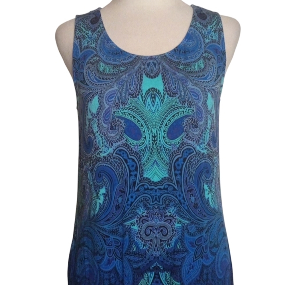 Soma Cool Nights Blue Teal Paisley Jersey Knit Sleeveless Night Gown Size Small - Picture 2 of 8